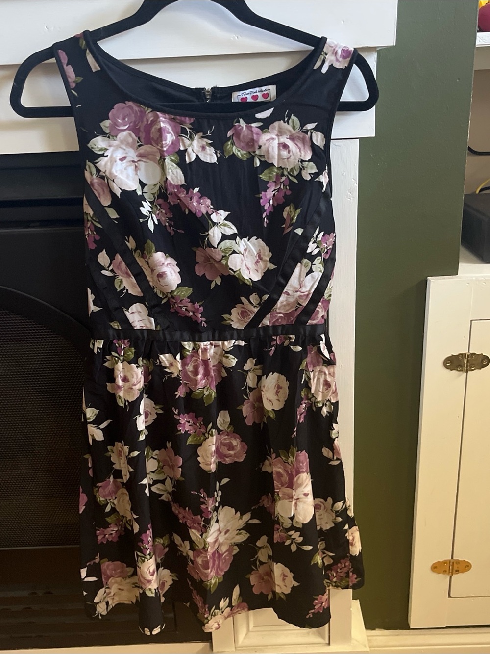 Three Hearts Black Dress with Pink and Cream Floral Print